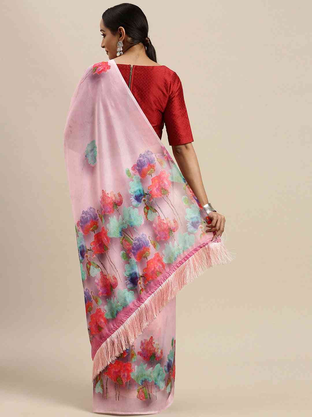 Pink Colour Floral Printed Pure Tebi Silk Saree With Resham Tassel
