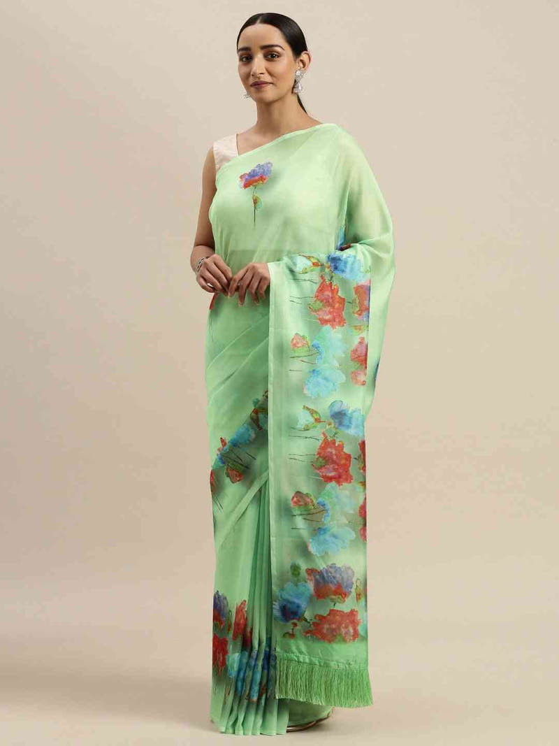 Green Colour Floral Printed Pure Tebi Silk Saree With Resham Tassel