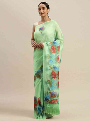 Green Colour Floral Printed Pure Tebi Silk Saree With Resham Tassel