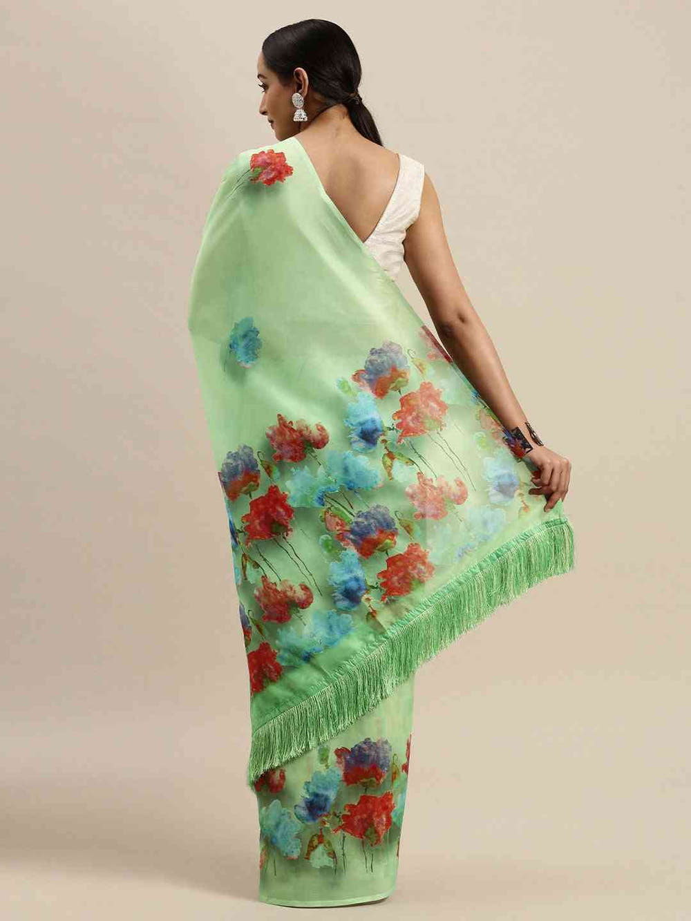 Green Colour Floral Printed Pure Tebi Silk Saree With Resham Tassel