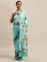 Blue Colour Floral Printed Pure Tebi Silk Saree With Resham Tassel