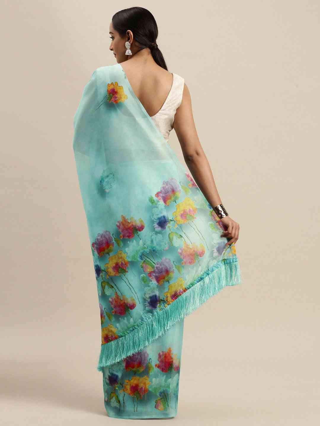 Blue Colour Floral Printed Pure Tebi Silk Saree With Resham Tassel