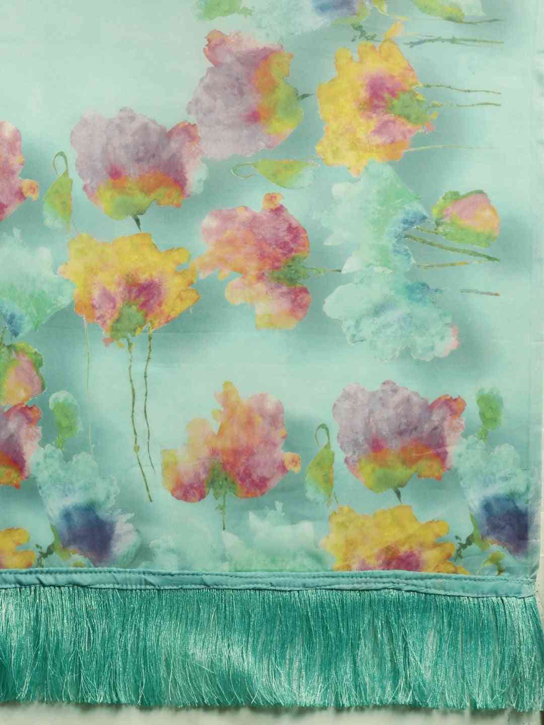 Blue Colour Floral Printed Pure Tebi Silk Saree With Resham Tassel