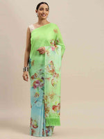 Green Colour Floral Printed Pure Tebi Silk Saree With Resham Tassel