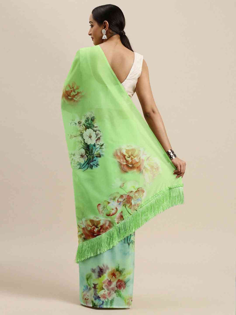 Green Colour Floral Printed Pure Tebi Silk Saree With Resham Tassel