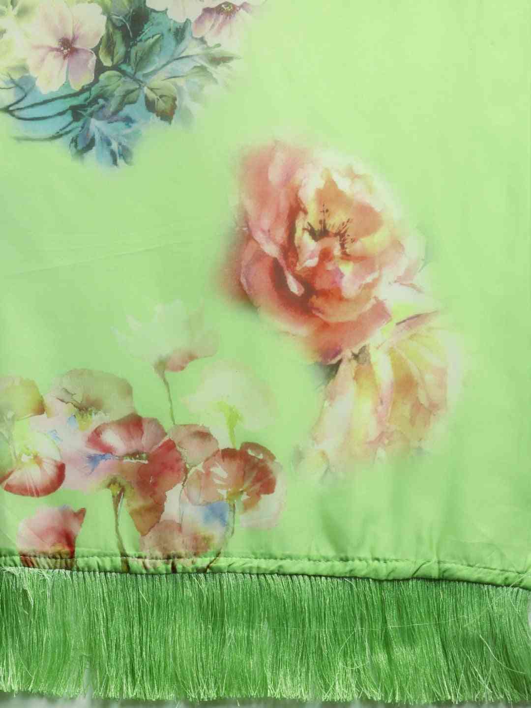 Green Colour Floral Printed Pure Tebi Silk Saree With Resham Tassel