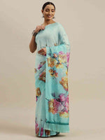 Turquoise Colour Floral Printed Pure Tebi Silk Saree With Resham Tassel