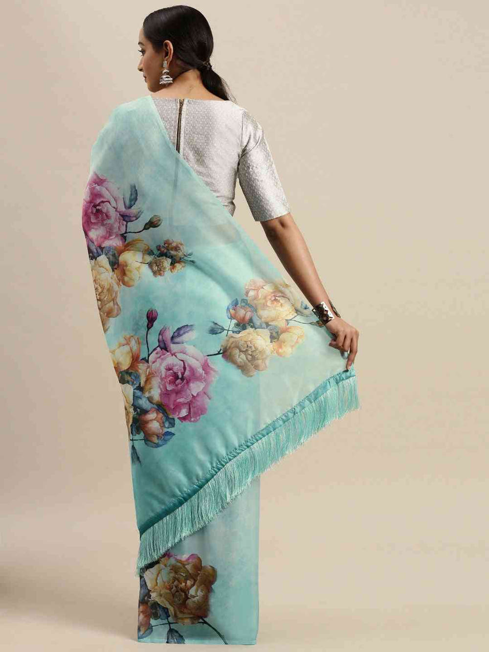 Turquoise Colour Floral Printed Pure Tebi Silk Saree With Resham Tassel