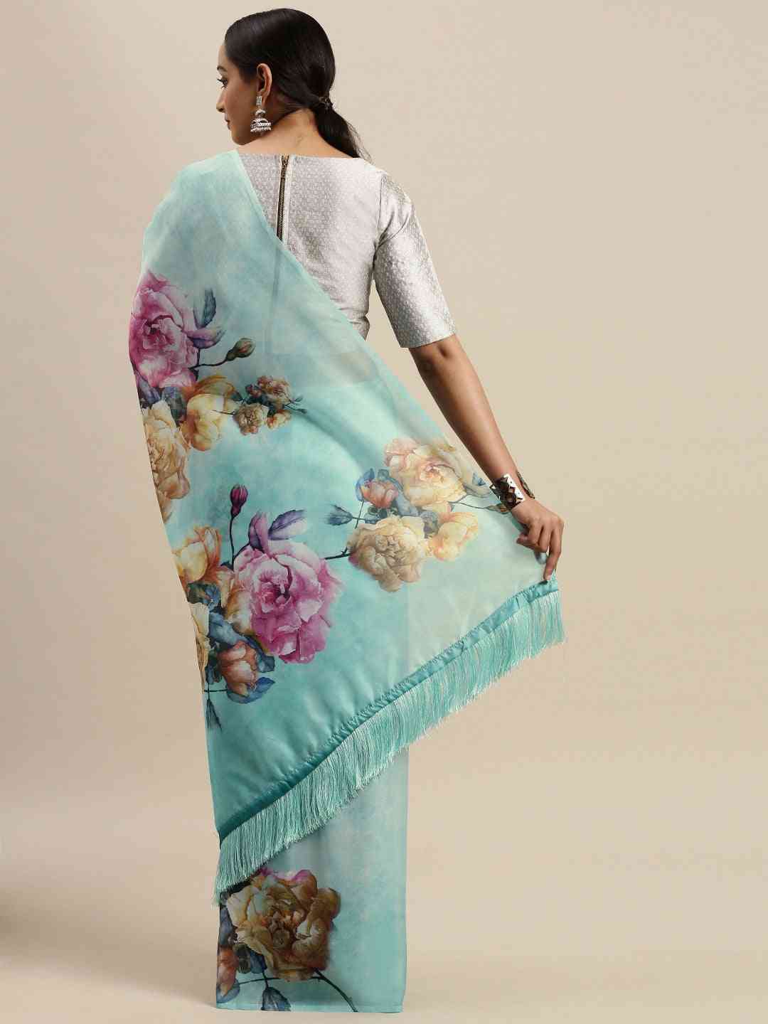 Turquoise Colour Floral Printed Pure Tebi Silk Saree With Resham Tassel