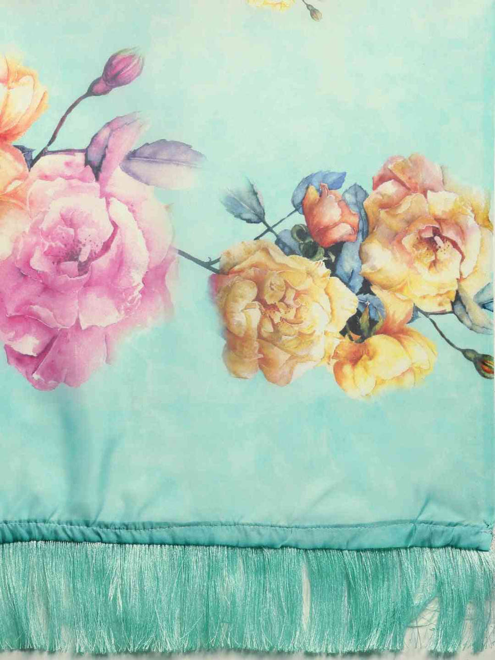 Turquoise Colour Floral Printed Pure Tebi Silk Saree With Resham Tassel