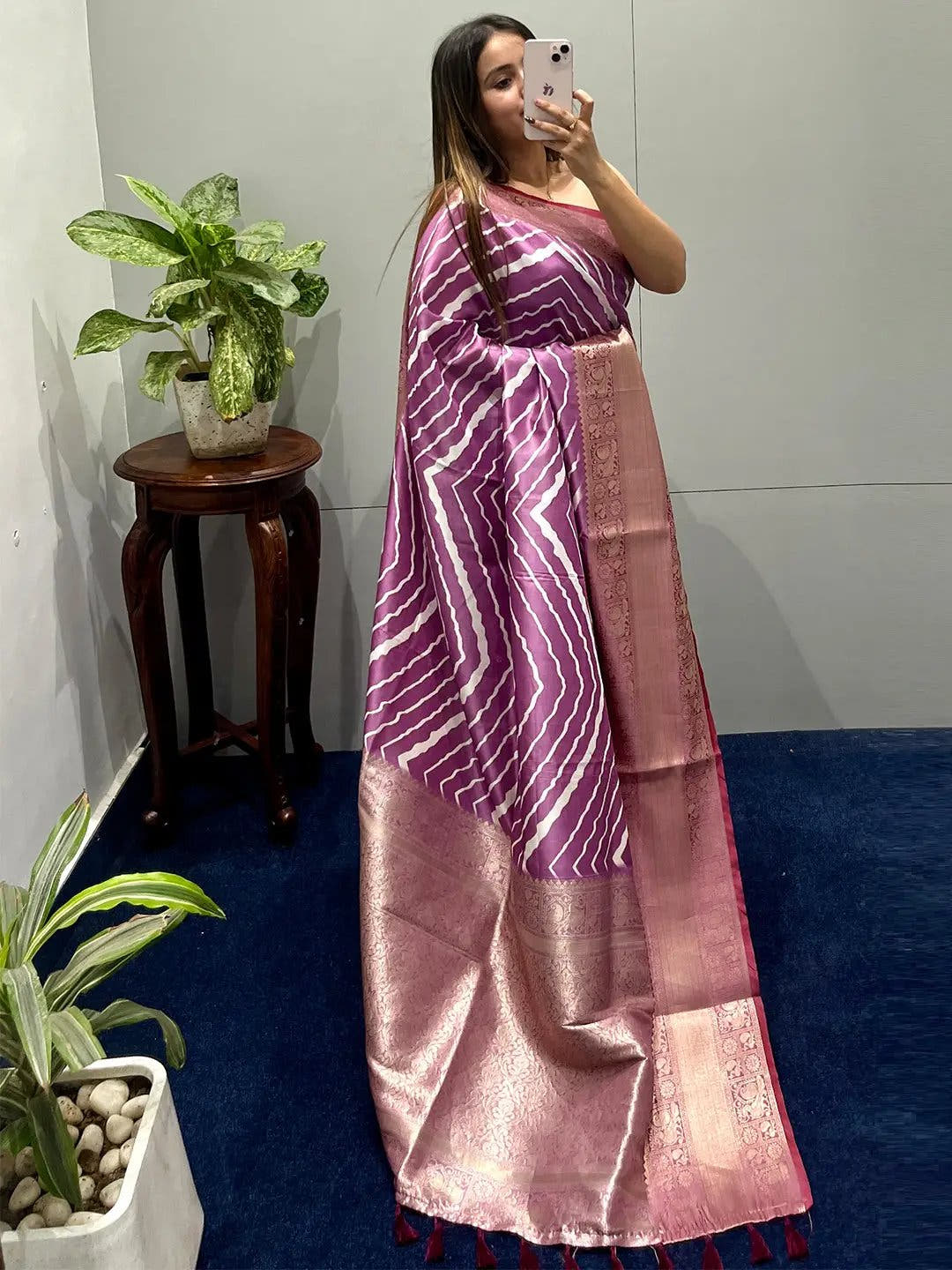 Exclusive Kanchi Zari Border Leheriya Design Party Wear Saree