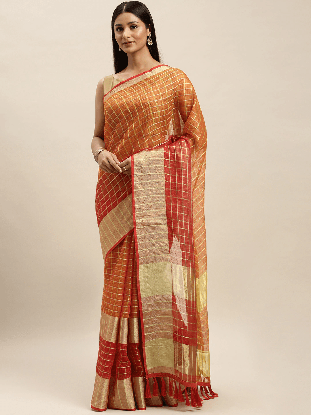 Orange Kota Doria Zari Butti Festive Wear Saree