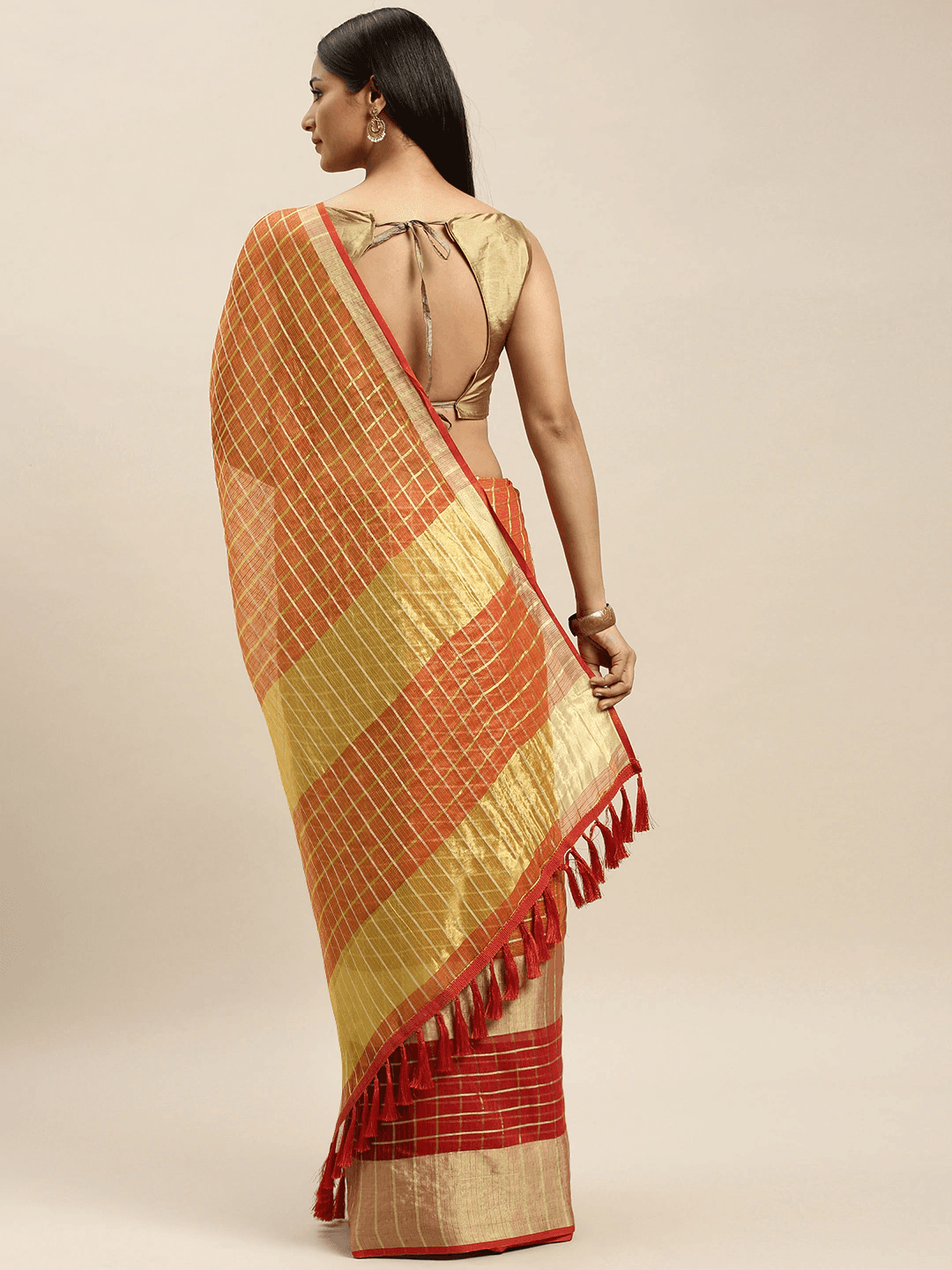 Orange Kota Doria Zari Butti Festive Wear Saree