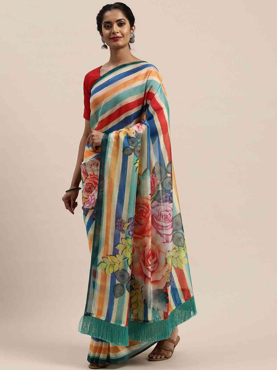 Pure Silk Resham Tassel And Striped Work Saree
