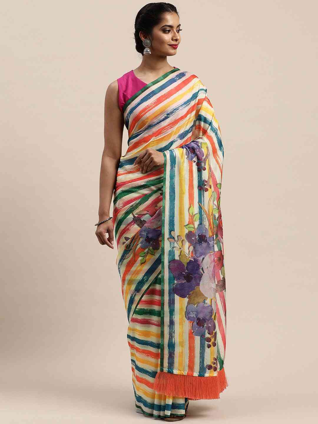 Pure Silk Resham Tassel And Striped Work Saree