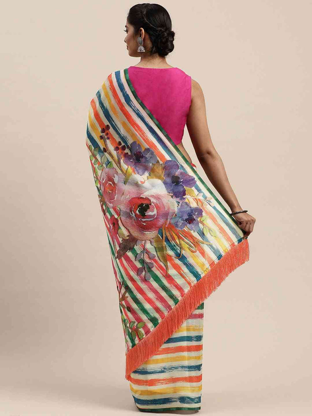 Pure Silk Resham Tassel And Striped Work Saree