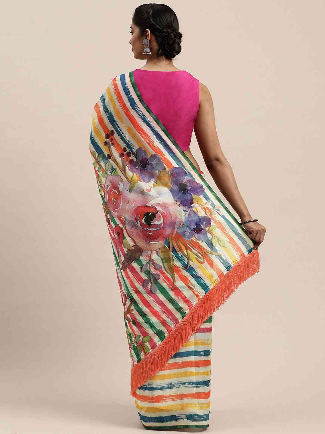 Pure Silk Resham Tassel And Striped Work Saree