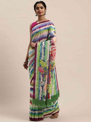 Pure Silk Resham Tassel And Striped Work Saree
