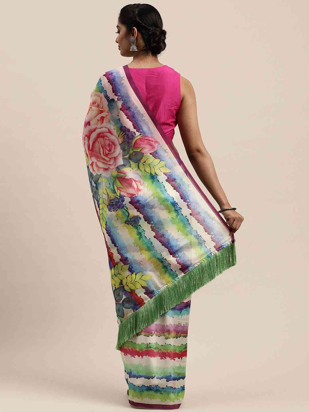 Pure Silk Resham Tassel And Striped Work Saree