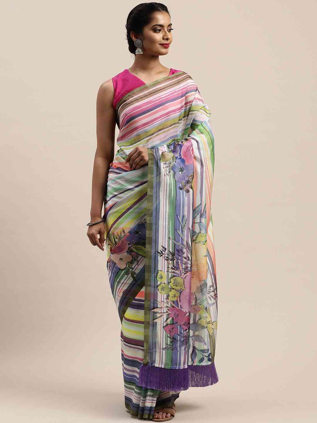 Pure Silk Resham Tassel And Striped Work Saree
