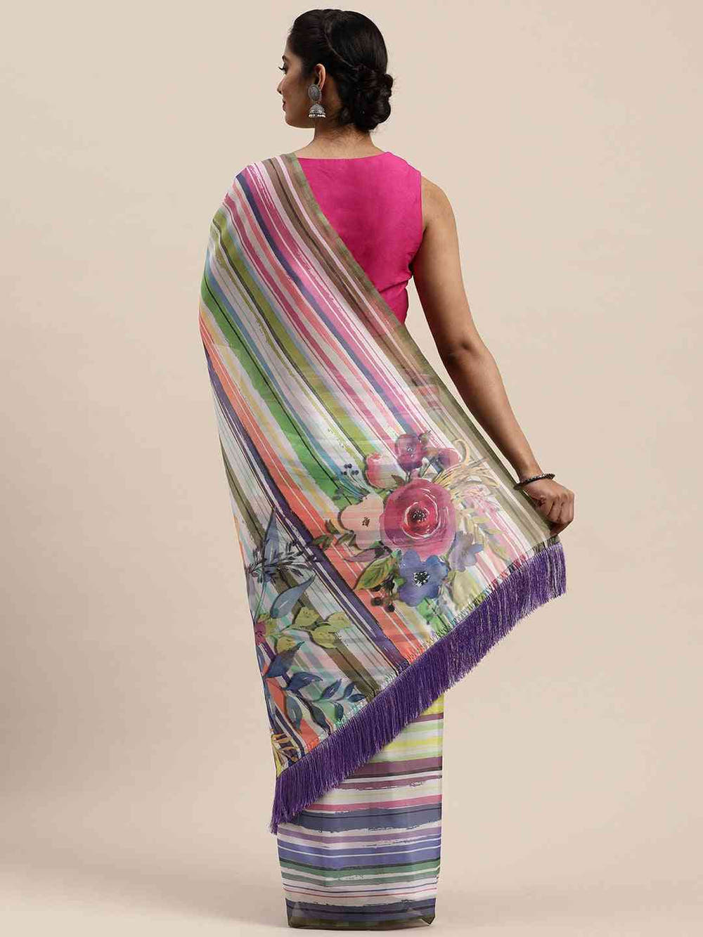 Pure Silk Resham Tassel And Striped Work Saree