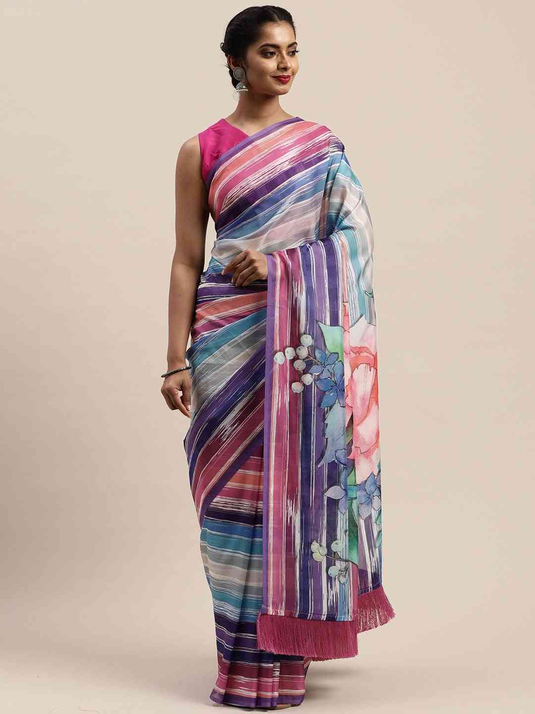 Pure Silk Resham Tassel And Striped Work Saree