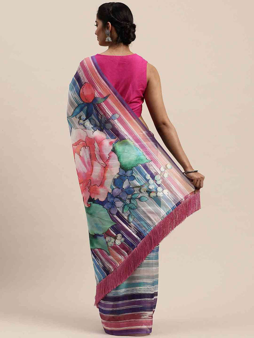 Pure Silk Resham Tassel And Striped Work Saree