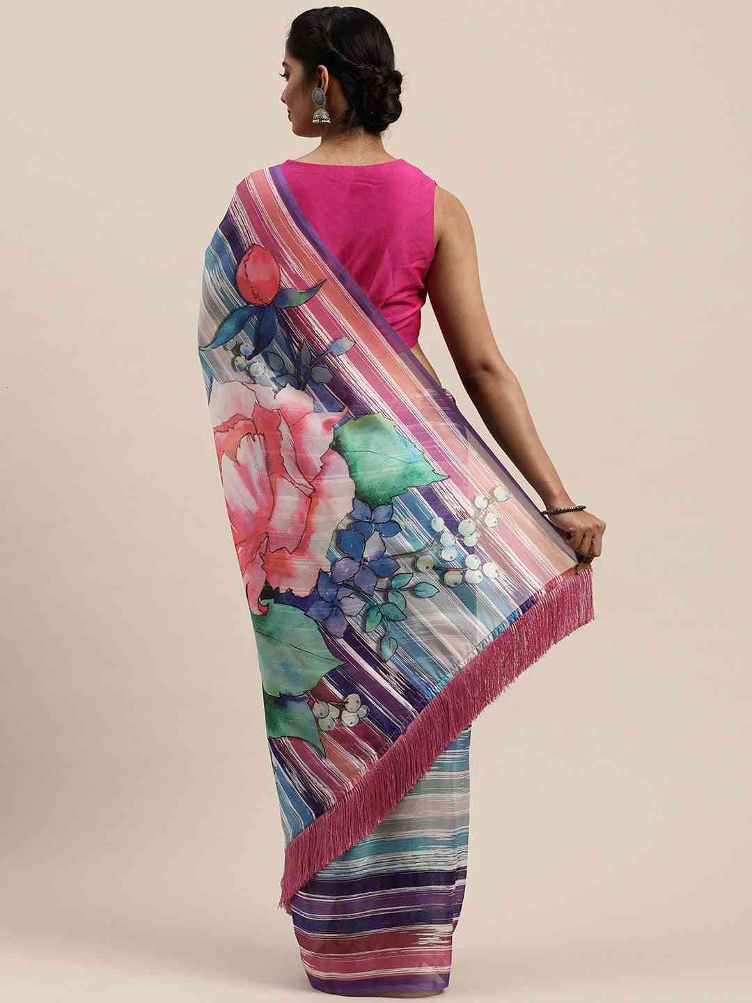 Pure Silk Resham Tassel And Striped Work Saree