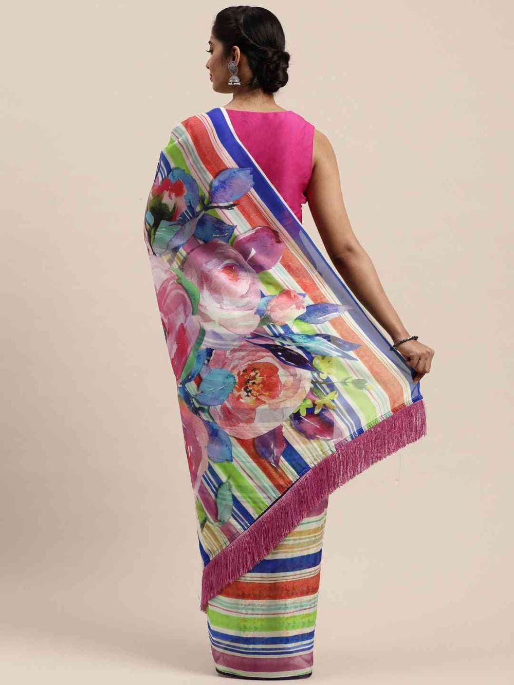 Pure Silk Resham Tassel And Striped Work Saree