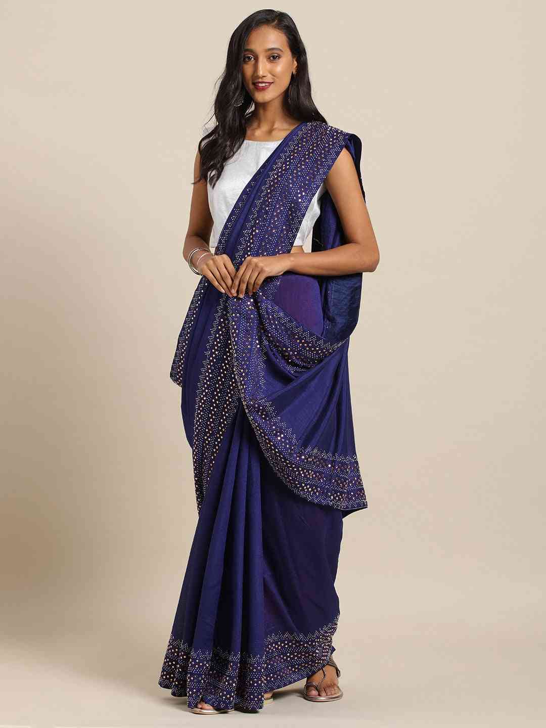 Stylish Navy Solid And Stones Work Poly Silk Saree