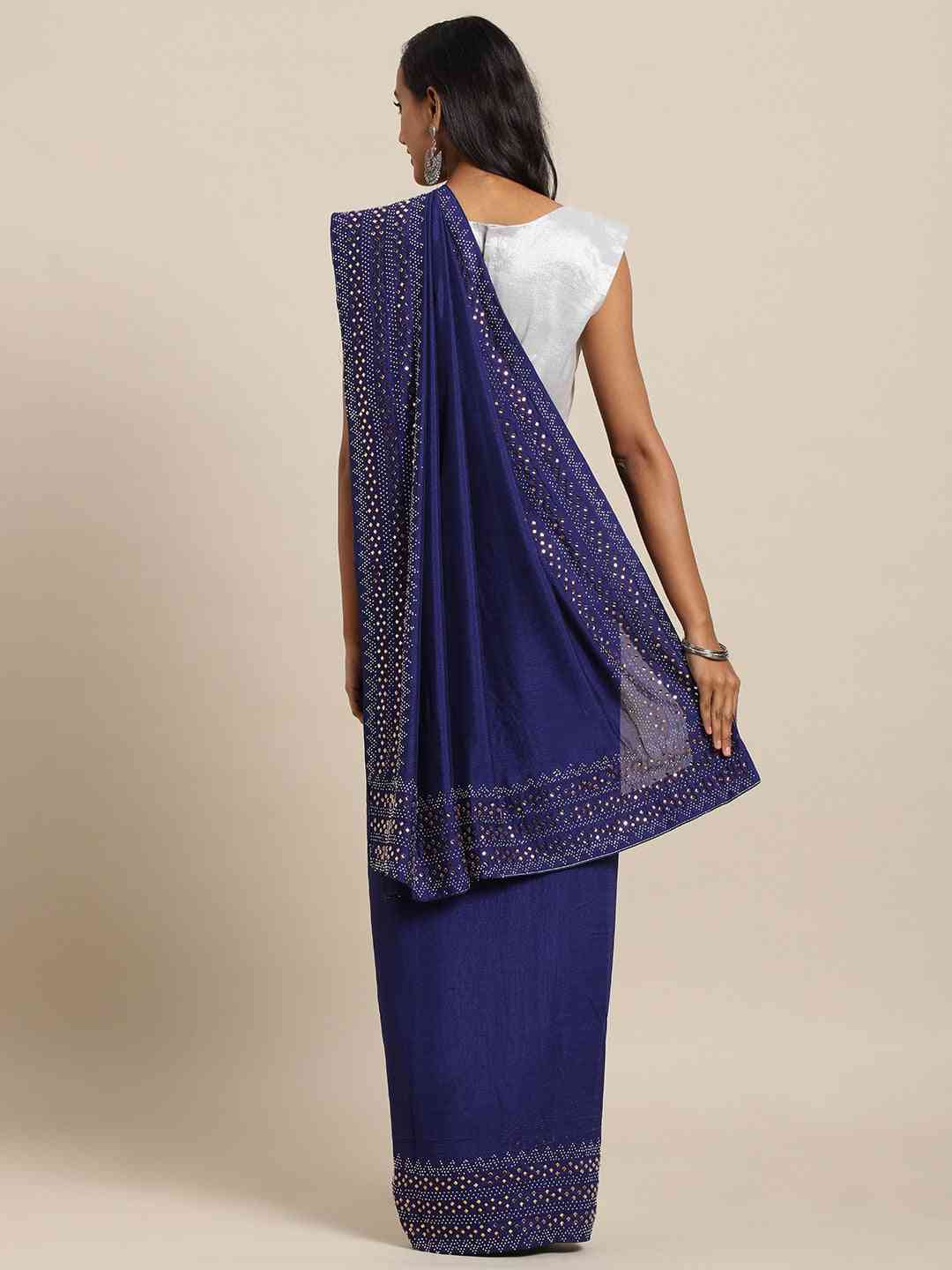 Stylish Navy Solid And Stones Work Poly Silk Saree