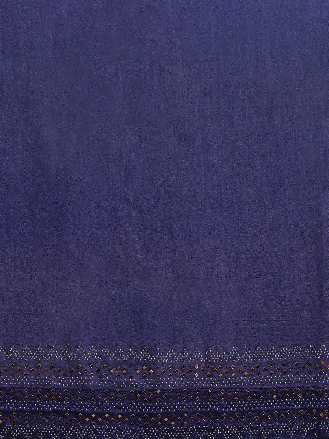 Stylish Navy Solid And Stones Work Poly Silk Saree