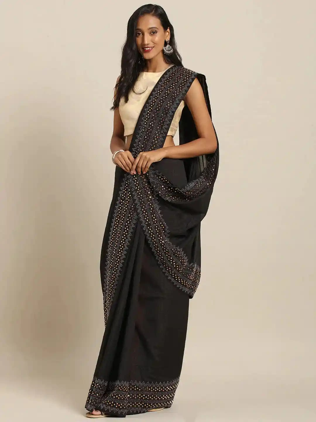 Stylish Black Solid And Stones Work Poly Silk Saree