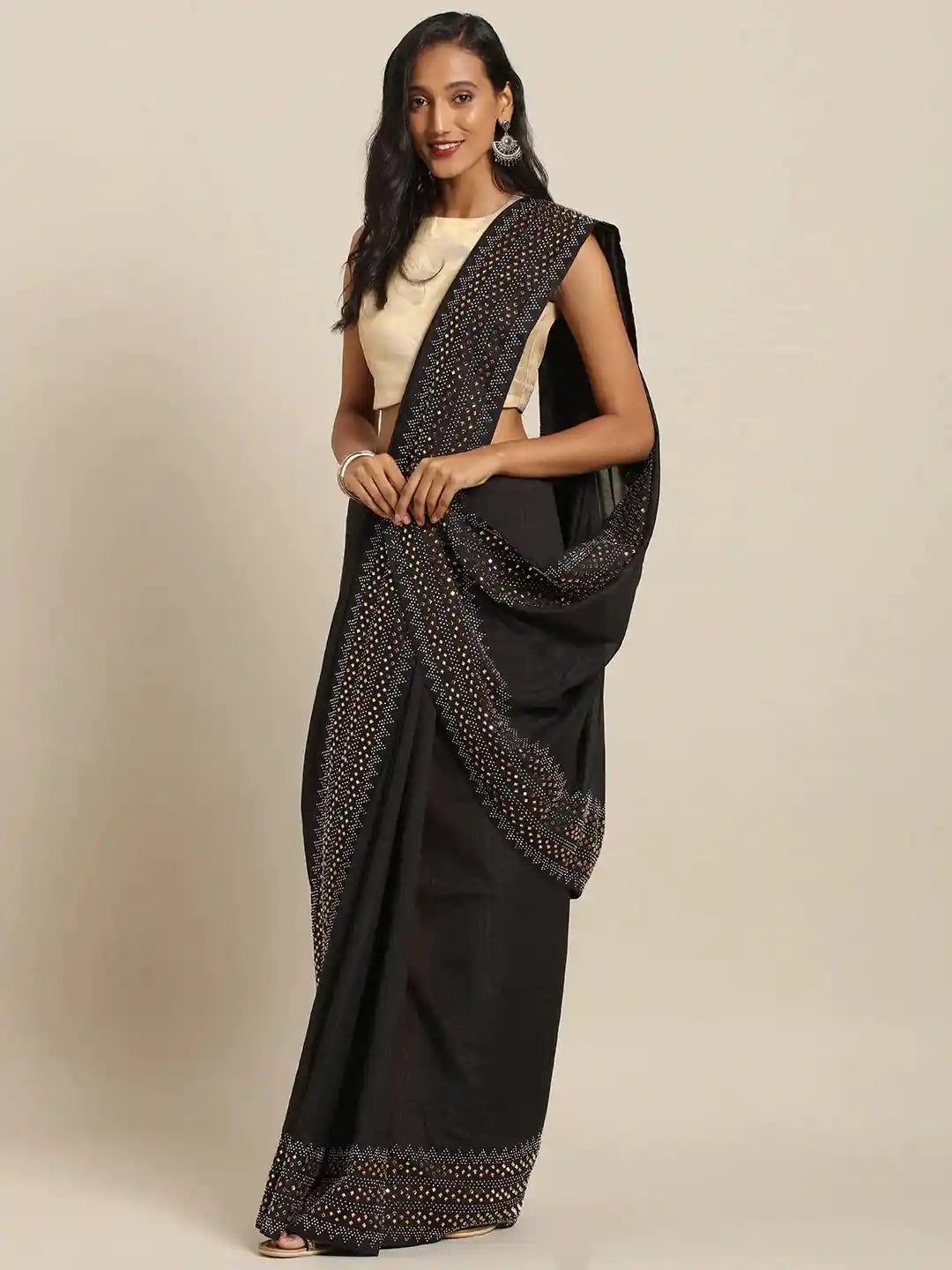 Stylish Black Solid And Stones Work Poly Silk Saree