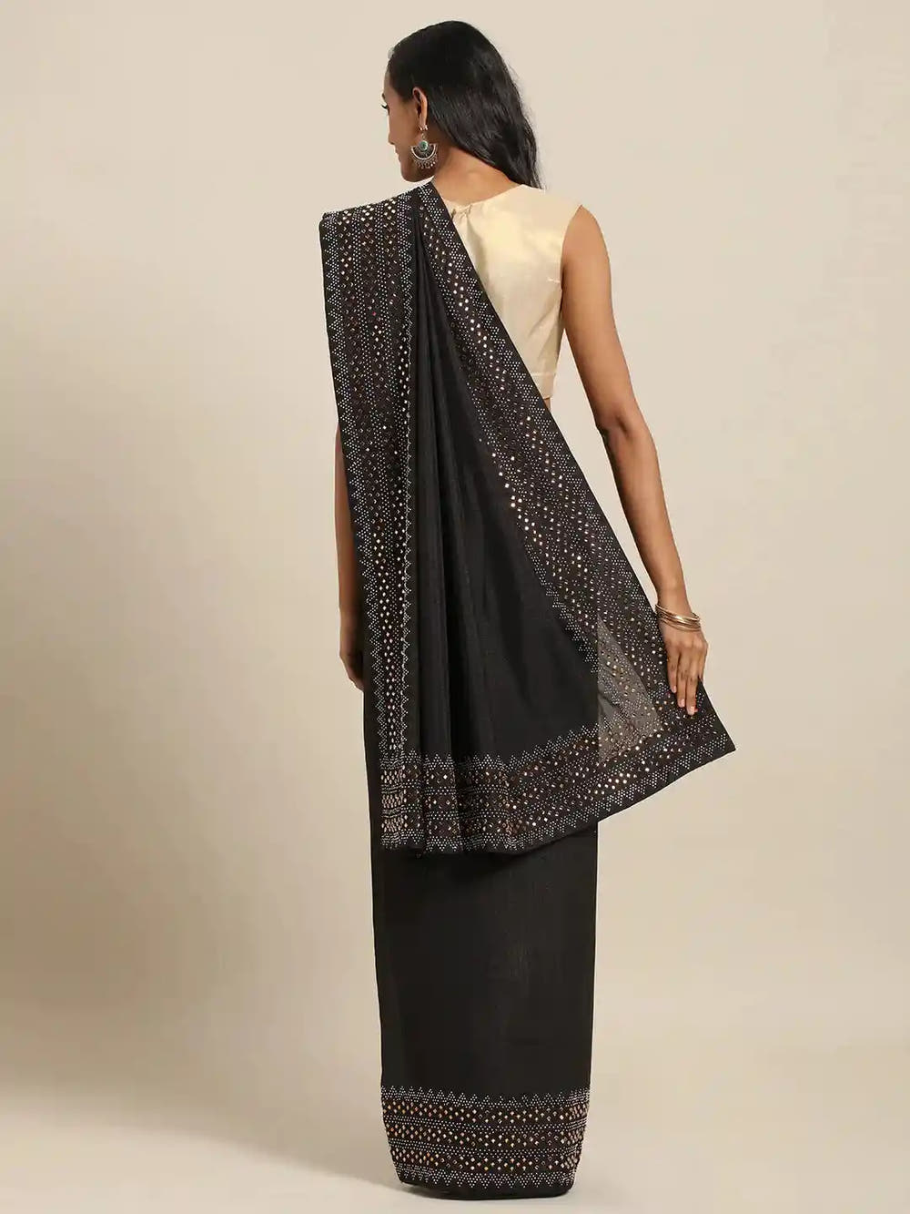 Stylish Black Solid And Stones Work Poly Silk Saree