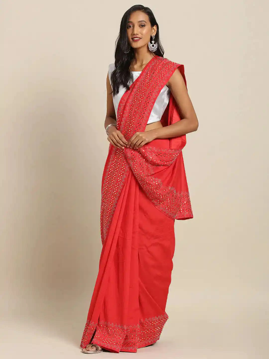Stylish Red Solid And Stones Work Poly Silk Saree
