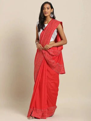 Stylish Red Solid And Stones Work Poly Silk Saree