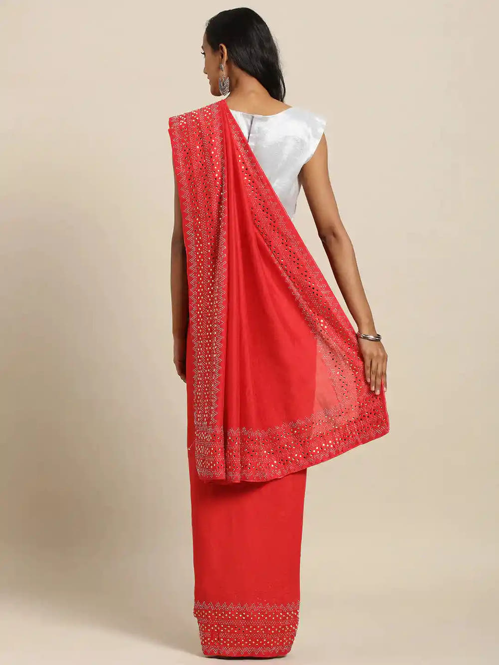 Stylish Red Solid And Stones Work Poly Silk Saree