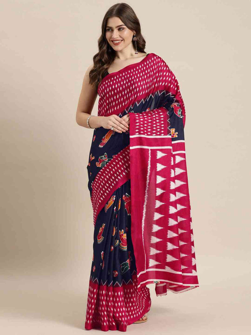 Stylish Navy Blue Colour Linen Kalamkari Print Saree