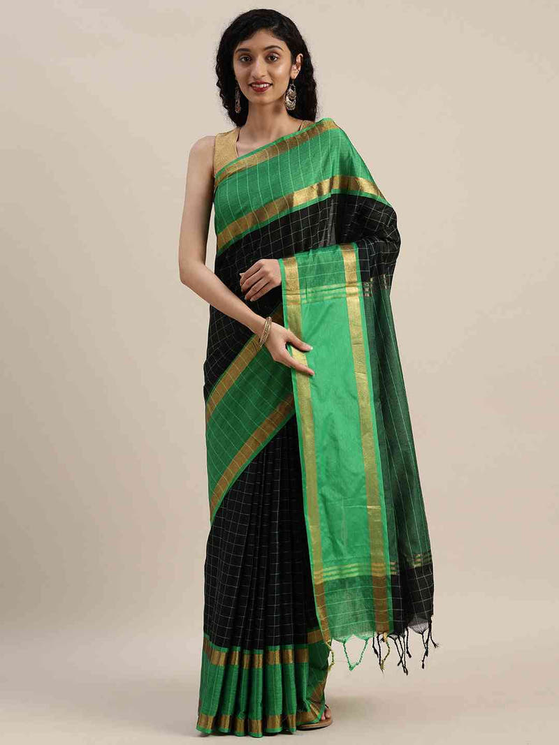Stylish Black Colour Silk Cotton Checked And Zari Work Saree