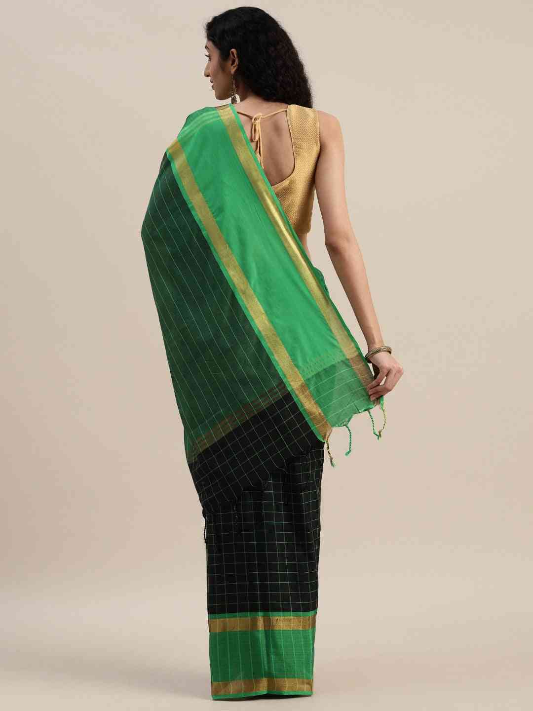 Stylish Black Colour Silk Cotton Checked And Zari Work Saree