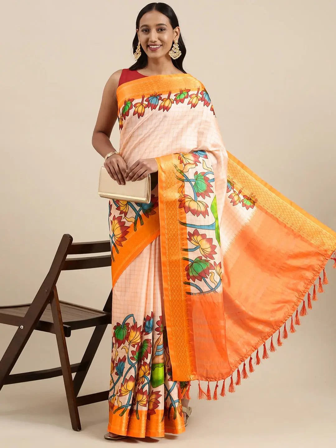 Orange Uppada Silk Kalamkari Digital Print Saree