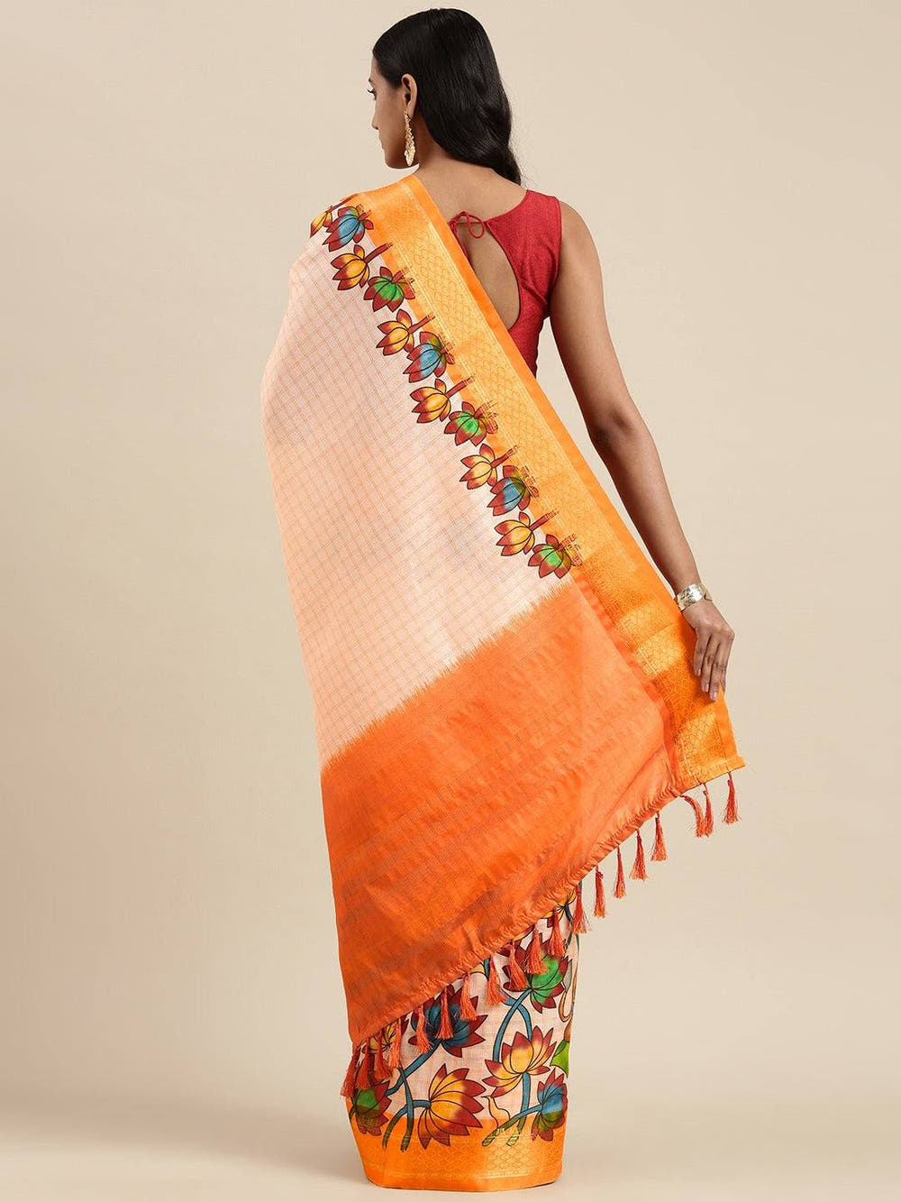 Orange Uppada Silk Kalamkari Digital Print Saree