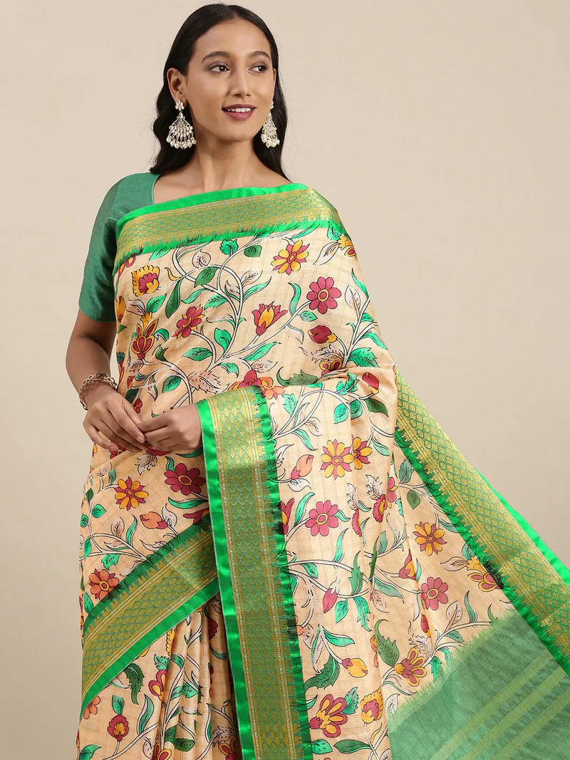 Attractive Lime Colour Kalamkari Digital Print Uppada Silk Saree