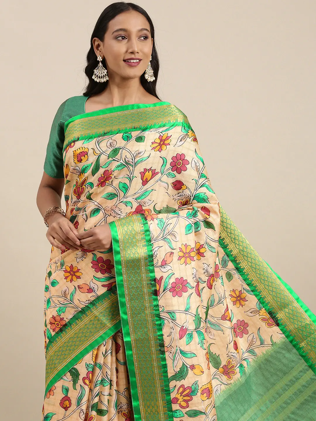 Attractive Lime Colour Kalamkari Digital Print Uppada Silk Saree