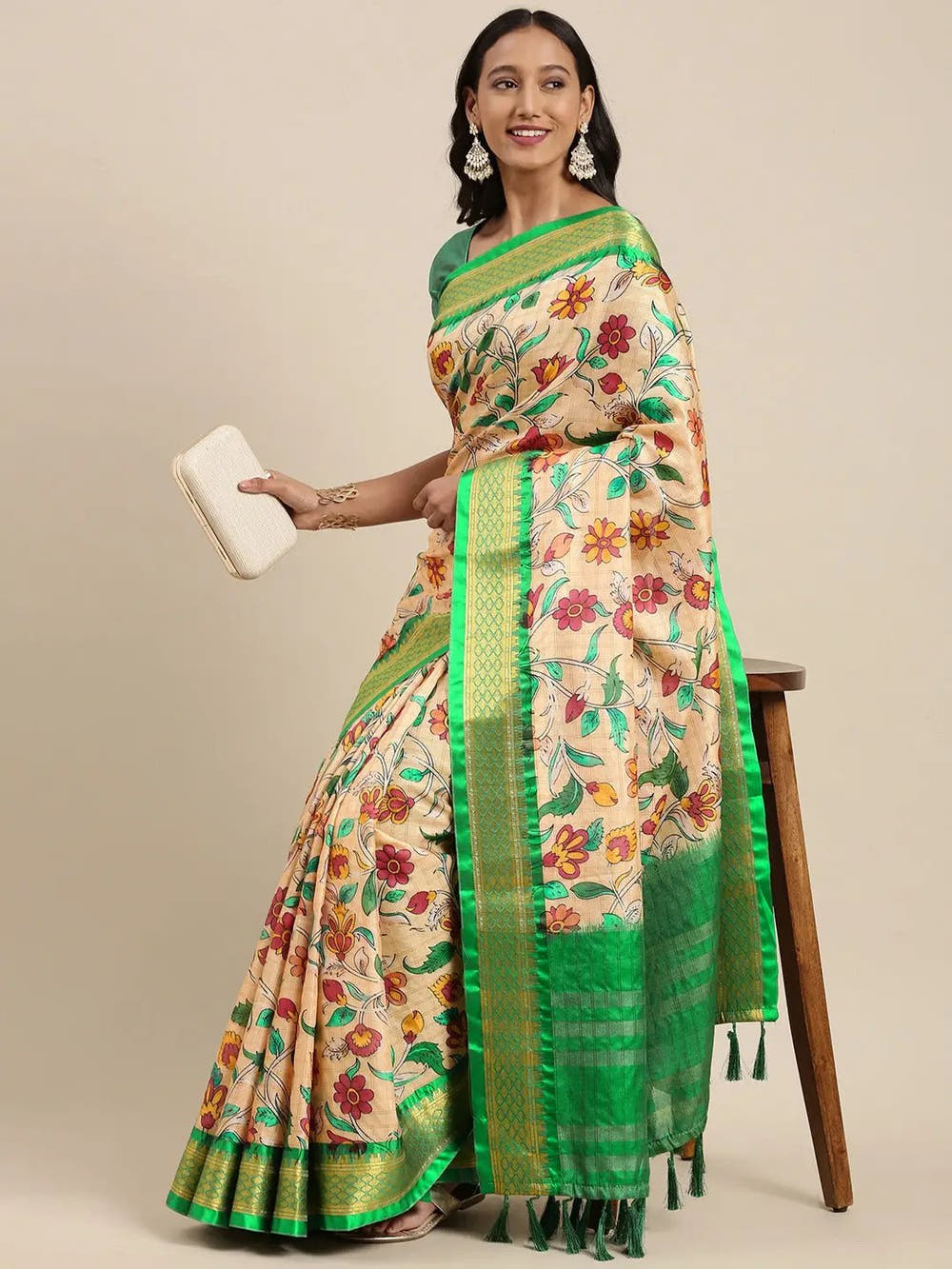 Attractive Lime Colour Kalamkari Digital Print Uppada Silk Saree