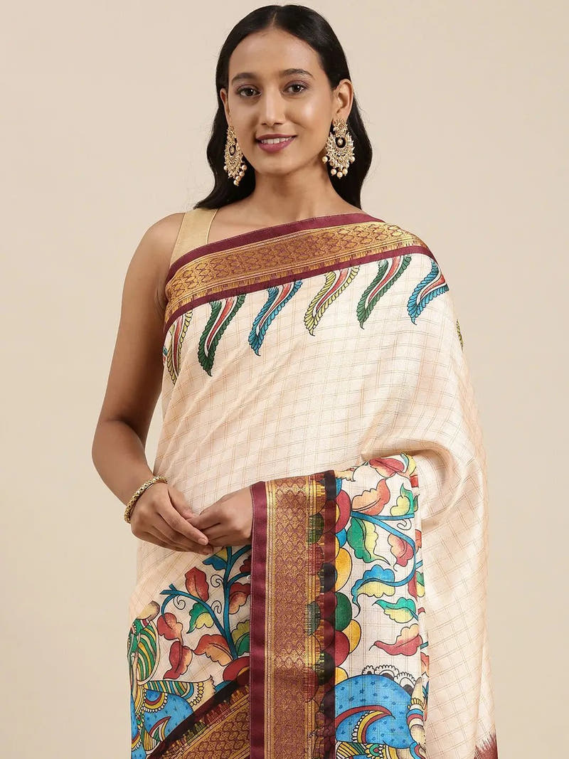 Brown Colour Kalamkari Digital Print Uppada Silk Saree