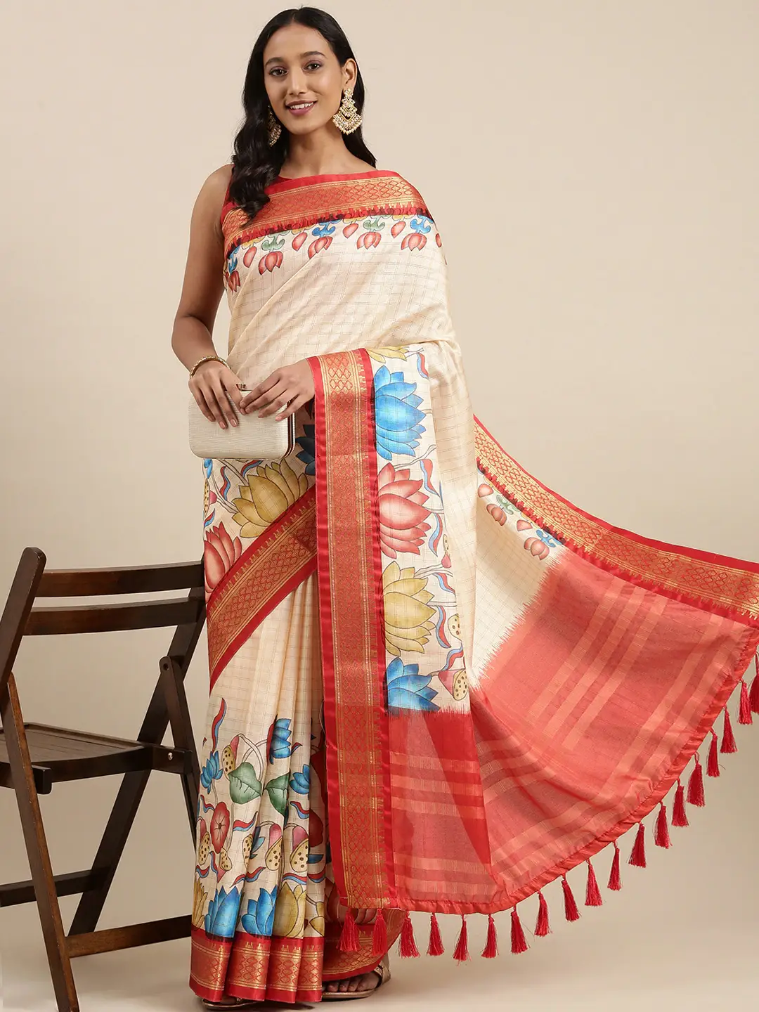 Red Colour Kalamkari Digital Print Uppada Silk Saree