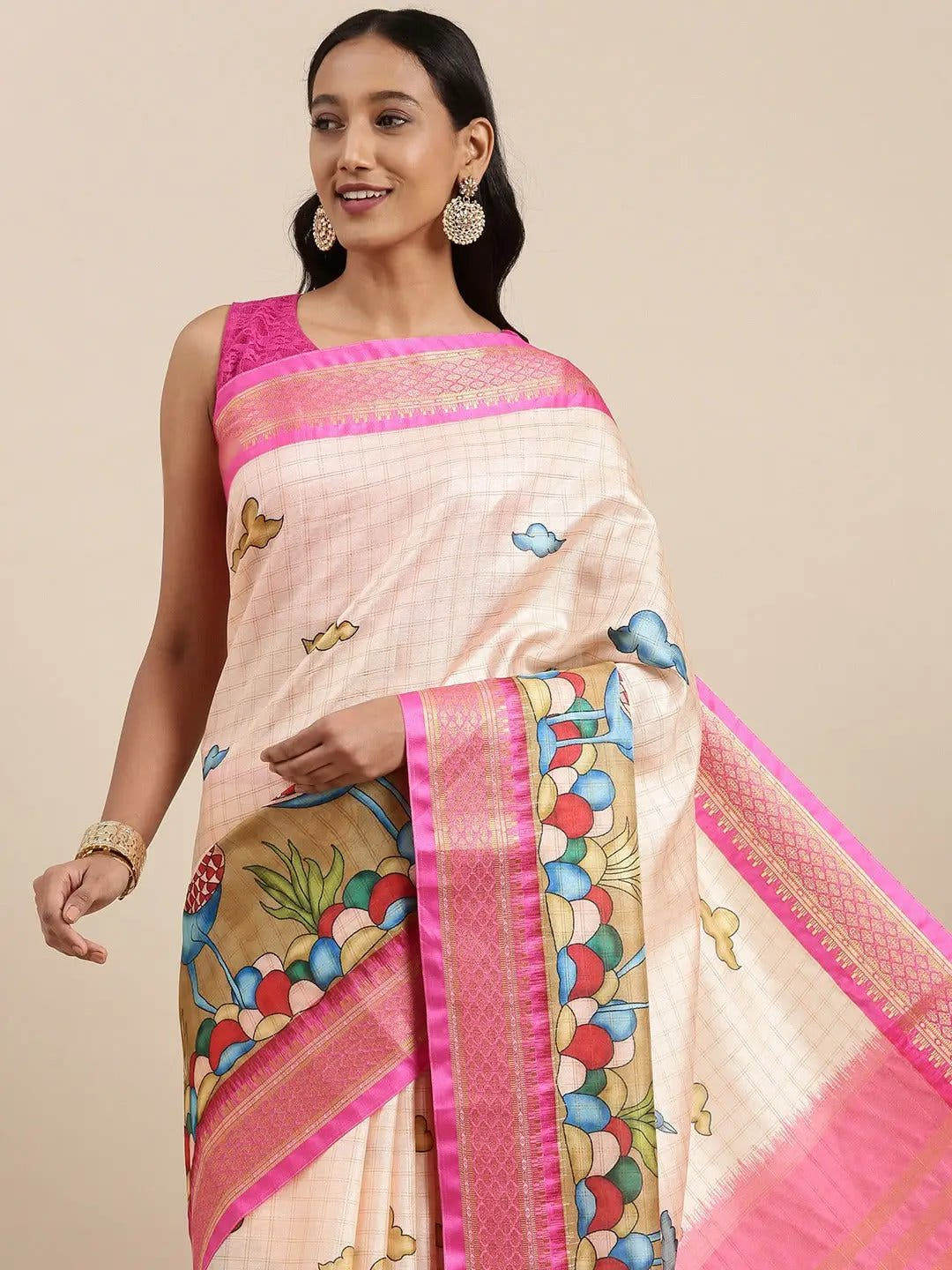 Pink Colour Kalamkari Digital Print Uppada Silk Saree