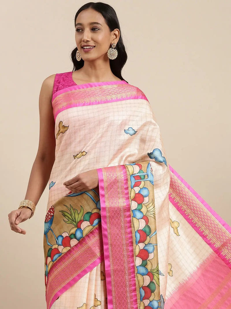 Pink Colour Kalamkari Digital Print Uppada Silk Saree